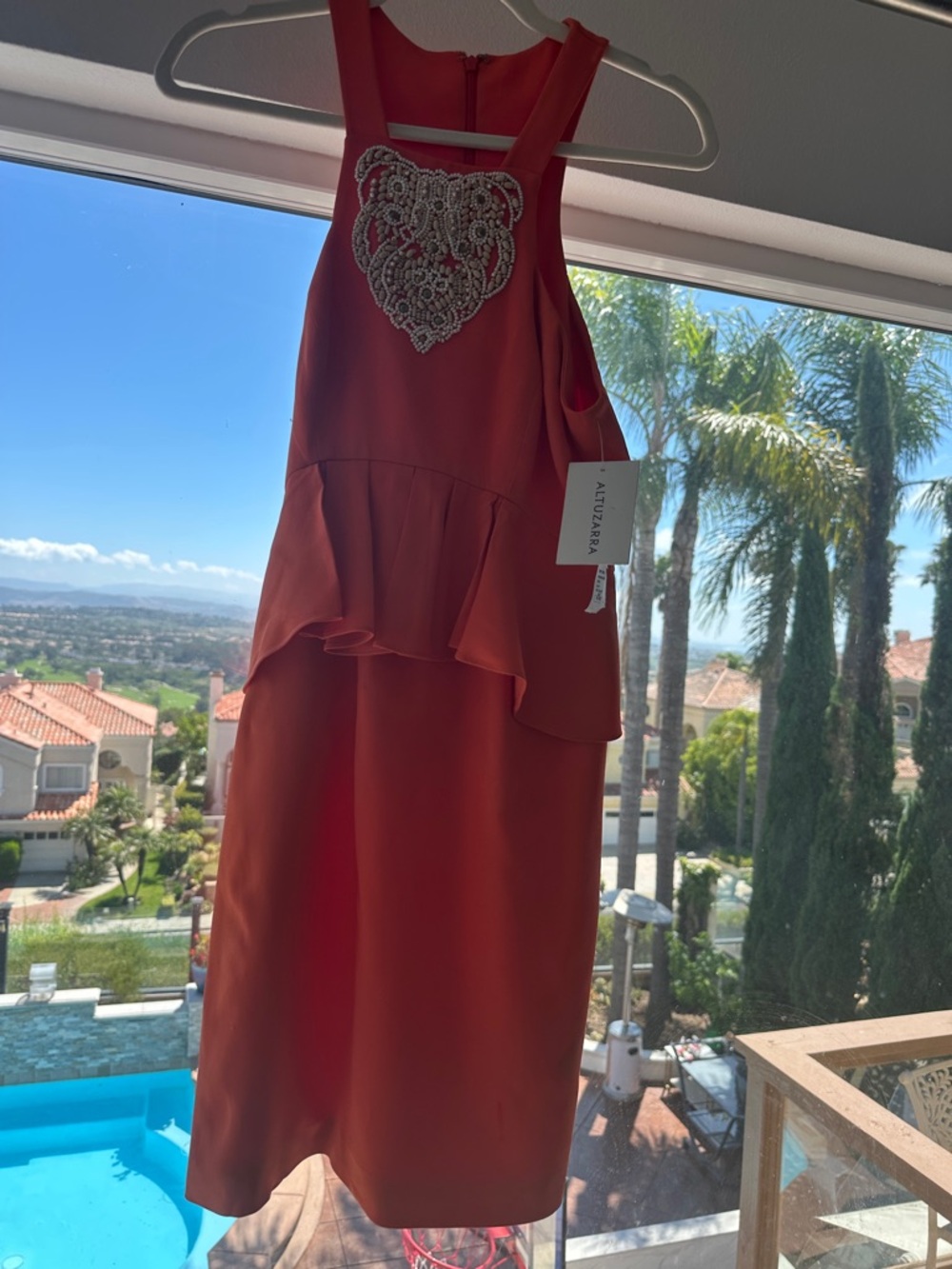 Altuzarra Coral Red Sleeveless Peplum Dress with Beaded Appliqué